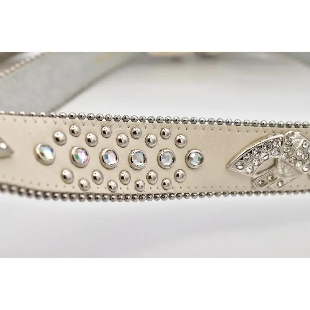 Cream Genuine Leather Rhinestone Western Belt M/L Silver Studded Crystal Y2K